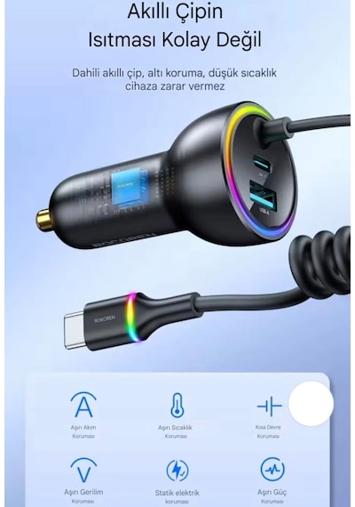 70w Yaylı Şarj Kablolu 3 Girişli Type-c Ve Usb Hızlı Ce Lisanslı