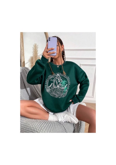 Tarzsokak Haki Live Özel Renkli Oversize Bisiklet Yaka Pamuklu Sweatshirt Haki