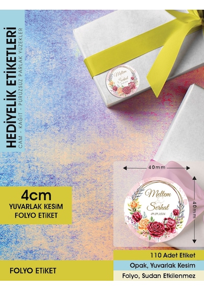 Kırmızı Gül Düğün Etiket Modeli Ürünlerinize Öze 4cm - 110 Adet Folyo Sticker Renkli