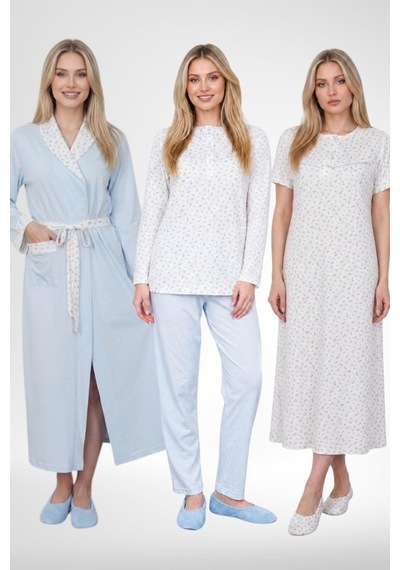 Mecit Pijama Mecit 6385 Mavi Büyük Beden Kadın Sabahlık Pijama Gecelik Set
