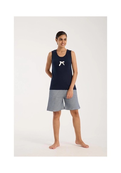İkikareshop Kadın Lacivert Kurdele Detaylı Çizgili Şortlu Pijama Takımı Çok Renkli