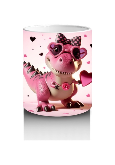 Çocuklara Sütü Sevdiren Kalp Çerçevesinden Bakan Pembe Dinozor Kupa Bardak Çok Renkli