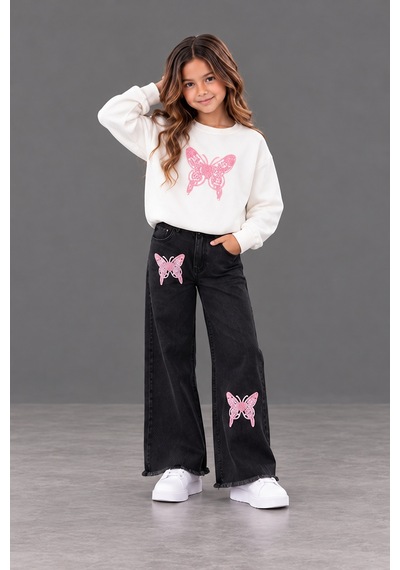Kokoş Bebe Kız Çocuk Pembe Kelebek İşlemeli Sweatshirt Ve Bol Paça Kot Pantolon 2 Li Takım - 5/12 Yaş - 31969 Siyah