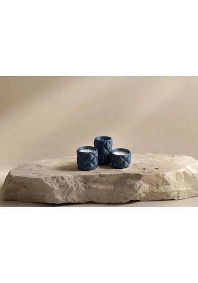 Kapitone Desen 3'lü Tealight Mumluk Seti - Mum Hediyeli Koyu Mavi