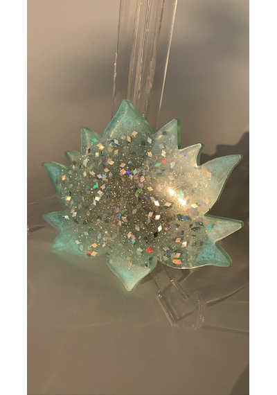 Turkuaz Lotus Çiçeği Desen Gümüş Glitterli Epoksi Bardak Altlığı Turkuaz