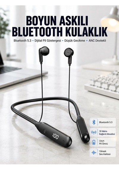 60 Saat Kablolu Boyun Askılı Dijital Göstergeli Bluetooth Kulaklığı Yeni Nesil - Lisinya