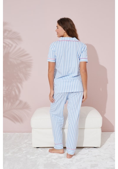 Siyah İnci Pamuklu Likralı Düğmeli Pijama Takım Mavi Beyaz