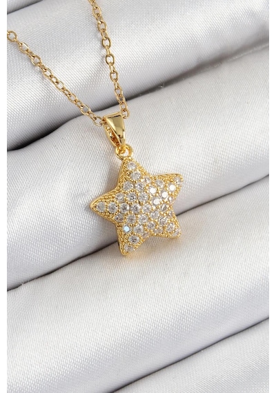 Çelik Zirkon Taşlı Yıldız Model Gold Renk Kadın Kolye 10351 Çok Renkli