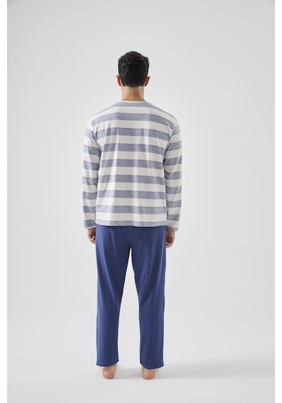 Erkek Pamuklu Uzun Kollu Üst Ayıcık Baskılı Pijama Takımı Ke77620 Lacivert