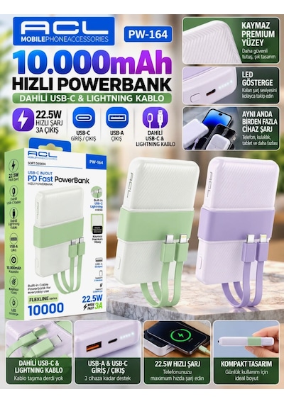 Acl Pw-164 10000 Mah 22.5w Hızlı Şarjlı Dahili Kablolu Powerbank Type-c Ve Lightning Kablolu, Pd Fast Yeşil