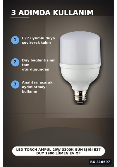 Led Torch Ampul 20w 3200k Gün Işığı E27 Duy 1980 Lümen Ev Ofis Aydınlatması 1 Adet Bx-316697
