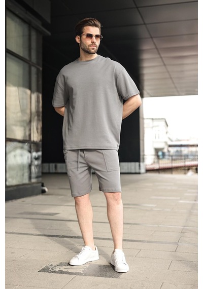 Madmext Füme Bisiklet Yaka Oversize Erkek Şort T-shirt Takım E7355 Füme