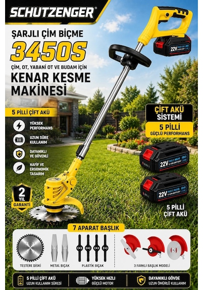 Schutzenger 3450S 5 Pilli Çift Bataryalı Şarjlı Çim Ot Biçme Makinesi Sarı 7 Başlıklı Tıppan Bakır Sargı