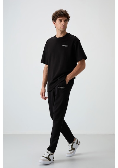 Tommy Life Siyah Pamuklu Kalın Yumuşak Dokulu Oversize Fit Nakışlı Erkek Eşofman Takım - 85252 Siyah