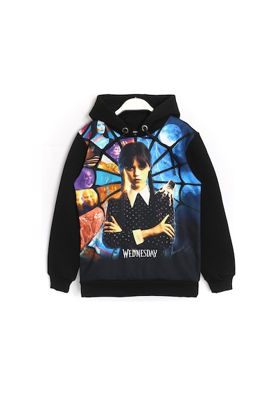 3d Baskılı Kız Çocuk Wednesday Addams 3 İp Şardonlu Sweatshirt Siyah