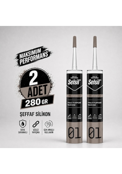 Selsil Şeffaf Genel Amaçlı Silikon 280 Gr Cam Pvc Seramik Banyo Mutfak Sızdırmazlık 2 Adet