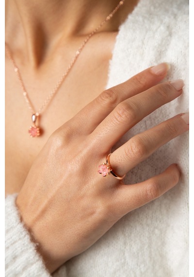 Kadın Rose Altın Kaplama Pembe Taşlı Lotus Çiçeği Kolye Yüzük  Set Rose Gold