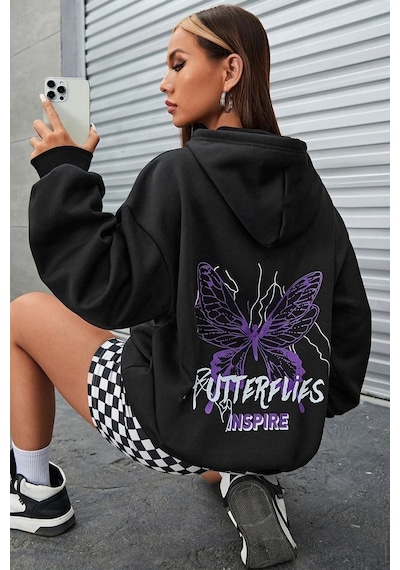 Uyguntarz Unisex Butterfly Letter Graphic Baskılı Sweatshirt siyah
