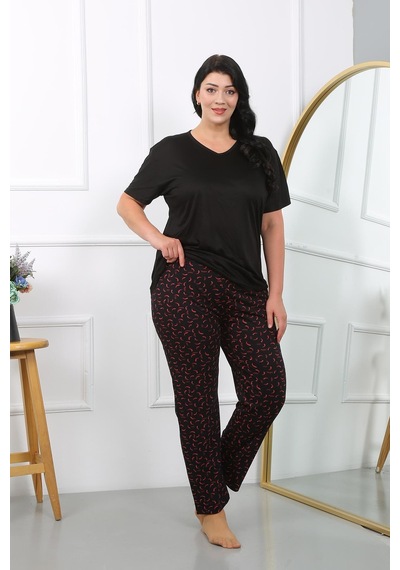 Akbeniz Kadın Büyük Beden Kısa Kol Penye Pijama Takımı Siyah 202406-siyah Siyah