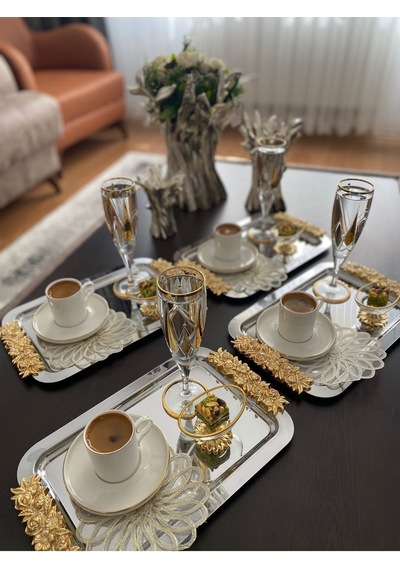 Atabey Home Collection 1 Adet Tekli Kahve & Çay & Sunum Dikdörtgen Büyük Sunum Tepsisi Çelik Gül Model Gold 30 Cm