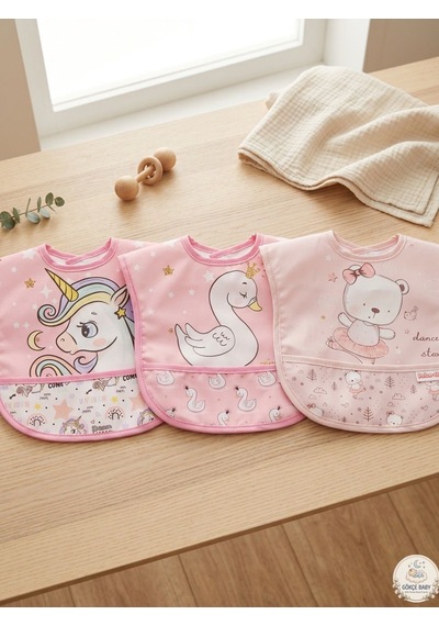 Gökçe Baby 3'lü Set Kısa Kollu Bağlamalı Ayarlanabilir Sıvı Geçirmez Aktivite ve Mama Önlüğü Pembe