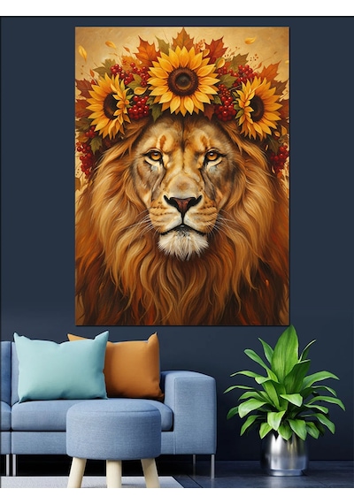 Ahşap Tablo Çiçek Şapkalı Aslan