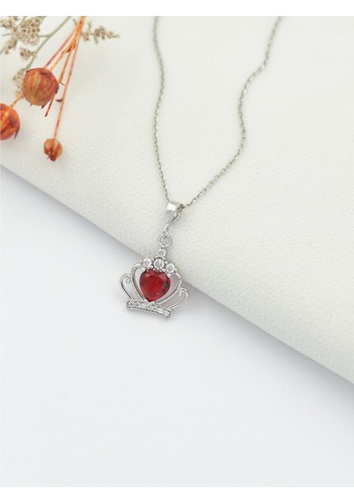 Brezza Lusso Jewelry Kırmızı Taşlı Gümüş Kraliçe Tacı Kadın Kolye 45 CM