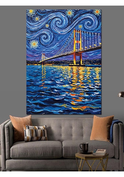 Van Gogh Yıldızlı Gece Köprü Soyut Dekoratif Kanvas - Mdf Ahşap Tablo