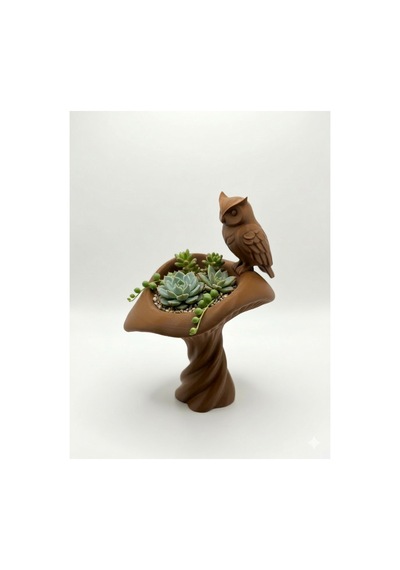 3d Baskı Baykuşlu Mantar Formlu Sukulent Ve Çiçek Saksısı - Modern Dekoratif Obje 26x17cm