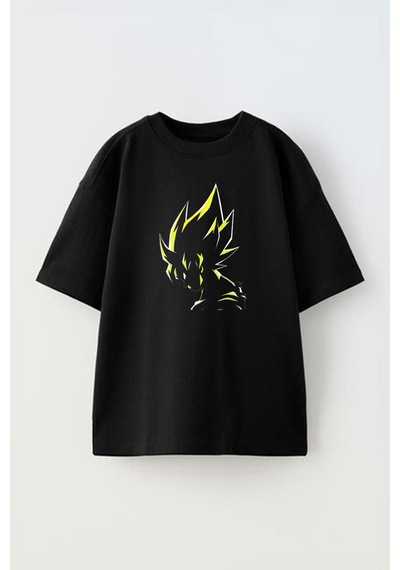 Thewert Unisex Goku Yellow Tasarım Baskılı Pamuk Sıyah Oversize T-shirt Siyah
