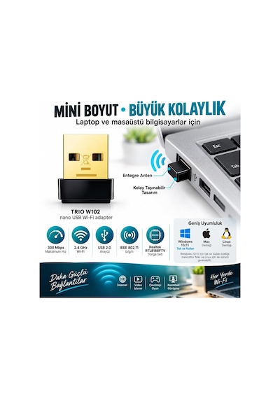 Trıo W102 300 Mbps Usb Wifi Adaptör, Realtek Rtl8188ftv 2.4 Ghz Kablosuz Ağ Adaptörü, 802.11 B/g/n Wifi Dongle, Windows 10/11 Tak Çalıştır