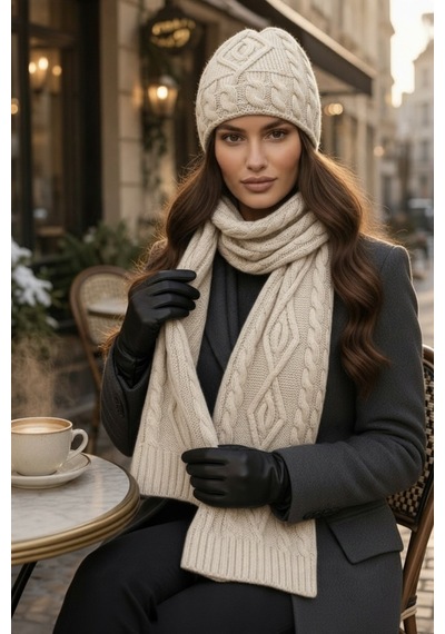 Givoria Kadın Kışlık Yün Triko Atkı Ve Bere Set Ekru Ekru