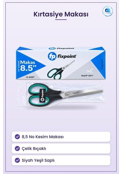 Makas 8,5 No Kırtasiye Ofis Okul Kesim Siyah Yeşil Saplı Çelik Bı