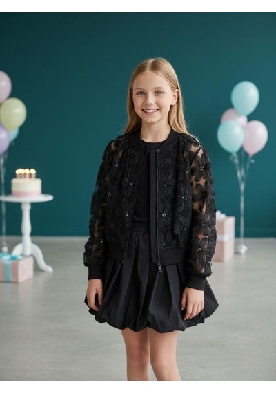 Zekids Kız Çocuk Çiçek İşlemeli Tasarım Bomber Ceket-16574 Siyah