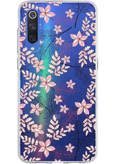 Xiaomi Mi 9 Uyumlu Kapak Floral Kırmızı Tasarımlı Şeffaf Silikon Kılıf