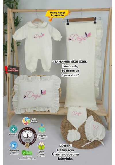 Gros Shop Müslin Yeni Doğan 4katlı Organik %100pamuk Kişiye Özgü Nakışlı Hastane Çıkış Seti Kelebek Model-1 Ekru-5
