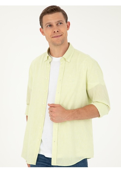 Cacharel Yeşil Slim Fit Keten Karışımlı Gömlek