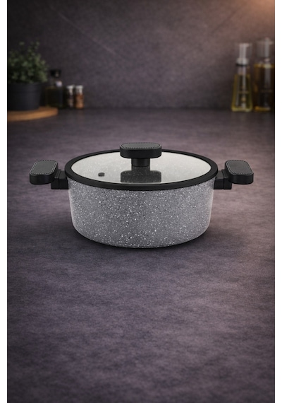 Valeria 24 cm Granit Derin Tencere Silikon Kenarlı Cam Kapak - Gri