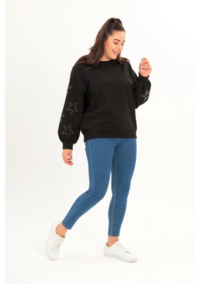 Aytemas Kolları Yıldız Taş Baskılı Sweatshirt Siyah