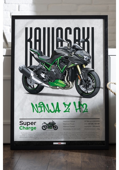 Kawasaki Ninja Z H2 Siyah Ahşap Çerçeveli Poster, Dekoratif Motosiklet Duvar Tablosu