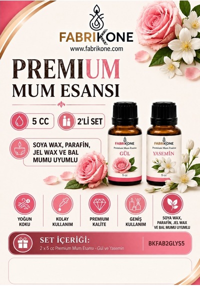 Premium Mum Esansı 5 Cc 2'li Set - Gül, Yasemin - Soya Wax, Parafin, Jel Wax Ve Bal Mumu Uyumlu Bkfab2glys5 Karışık