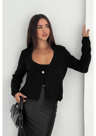 Noa & Noa Kadın Örgü Crop Top & Hırka Takımı Yumuşak & Minimal Stil Siyah