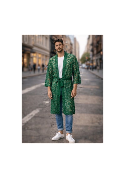 Qmen Style Erkek Kimono Takımı 3 Lü Dantel Set Bornoz + Pantolon + Şort Yeşil