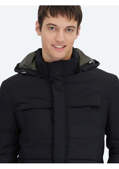 Kip Siyah Regular Fit Kapüşonlu Casual Dokuma Kaban Siyah -