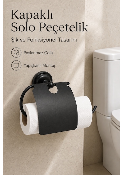 Kapaklı Tuvalet Kağıtlığı Havluluk Yapışkanlı Siyah Rulo Kağıt Peçetelik Delmesiz Paslanmaz Çelik Krom