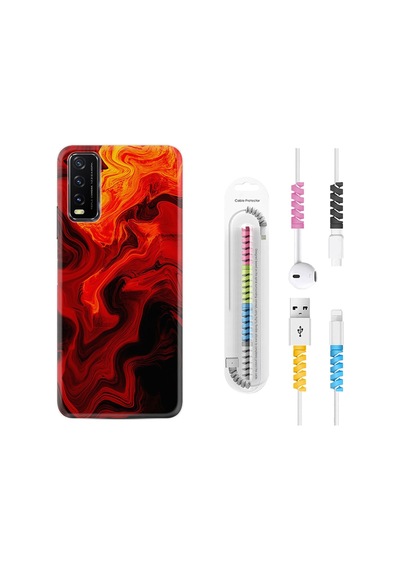 Vivo Y11S Kılıf Kablo Koruyuculu Red Orange Zigzag 1695