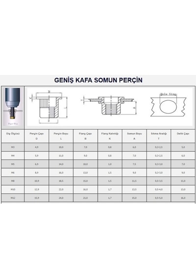 M10 Geniş Kafa Yuvarlak Somun Perçin 100 Adet