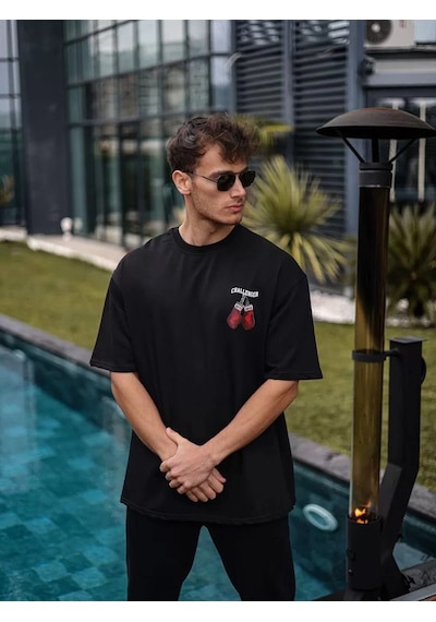 Assema Erkek Bisiklet Yaka Baskılı Oversize T-shirt - Siyah Çok Renkli