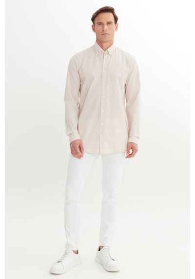 AC&Co / Altınyıldız Classics Erkek Beyaz Bej Pamuklu Slim Fit Dar Kesim Düğmeli Yaka Kareli Gömlek Beyaz Bej