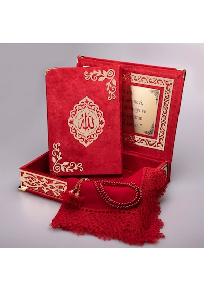 Şal + Tesbih + Kuran Hediye Seti Orta Boy, Şemslafzatullah, Gold Pleksi, Raşel Kutu, Kırmızı